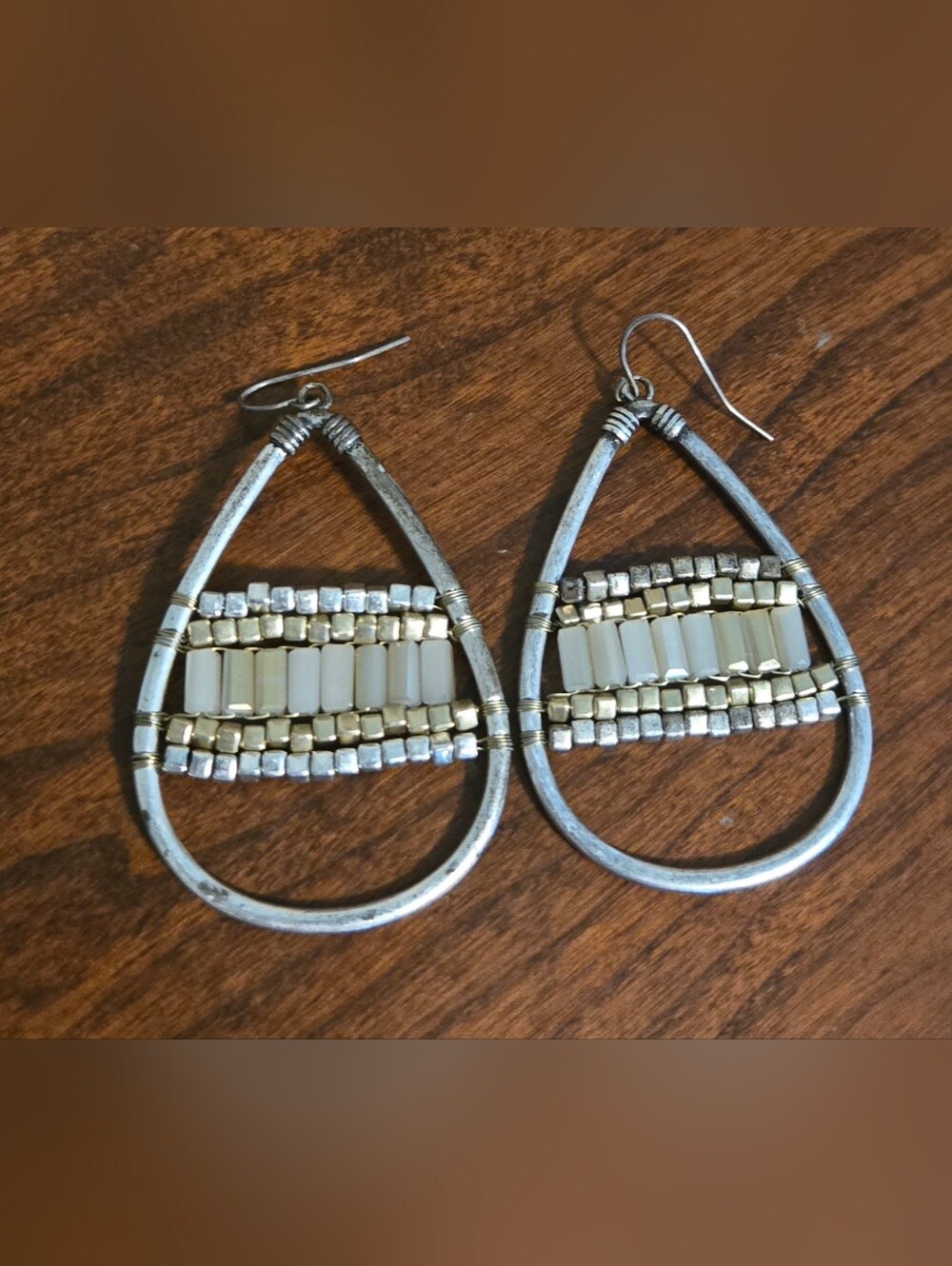 Silver Teardrop Hoop Earrings with Cream and Gold Beads